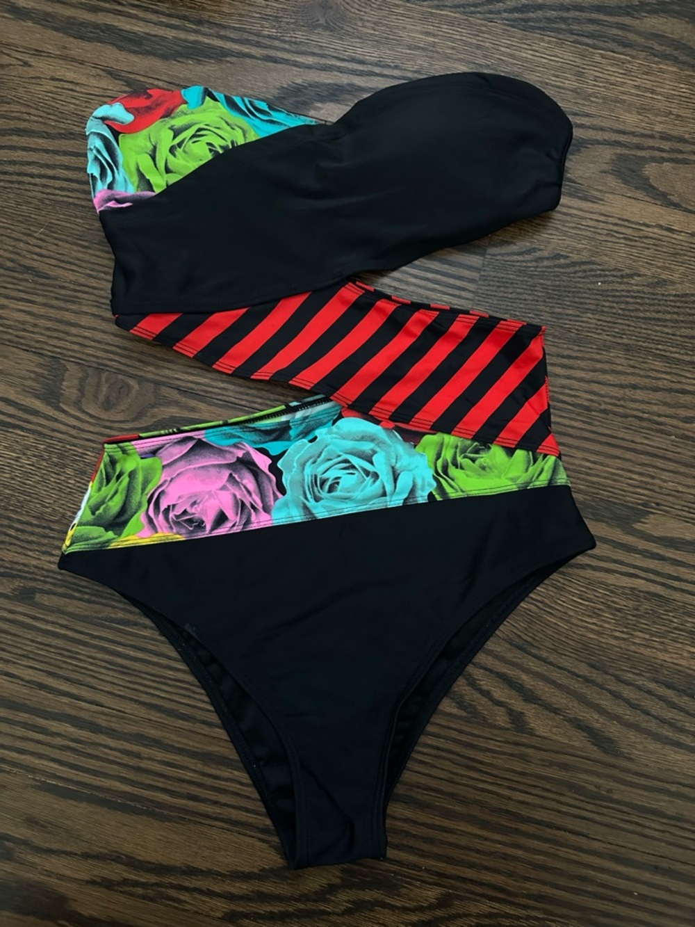 Volcom Black One-Piece Swimsuit with Neon Floral and Red Stripes